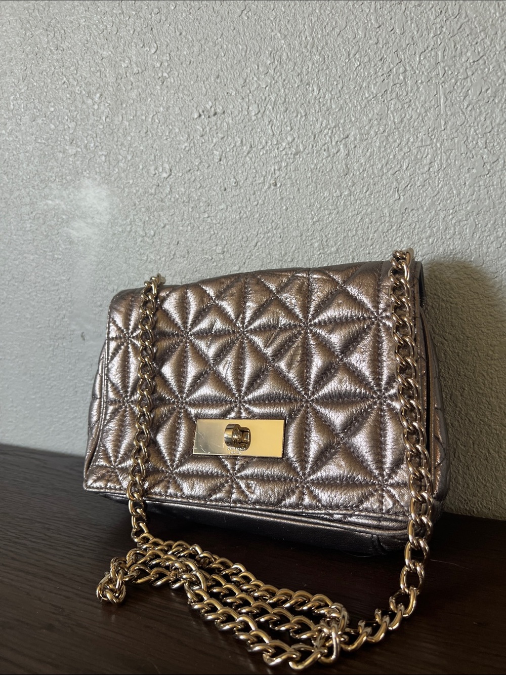 kate spade Metallic Quilted Crossbody in Silver with Gold Chain